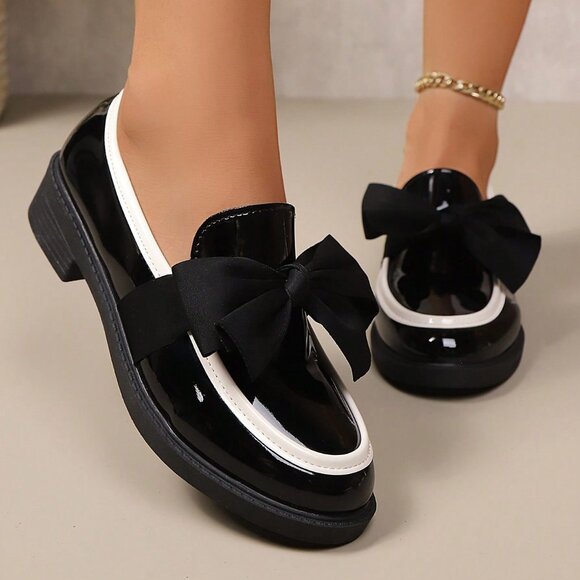 Black Casual Women's Contrast Bow Decor Flat Loafers - Picture 4 of 6
